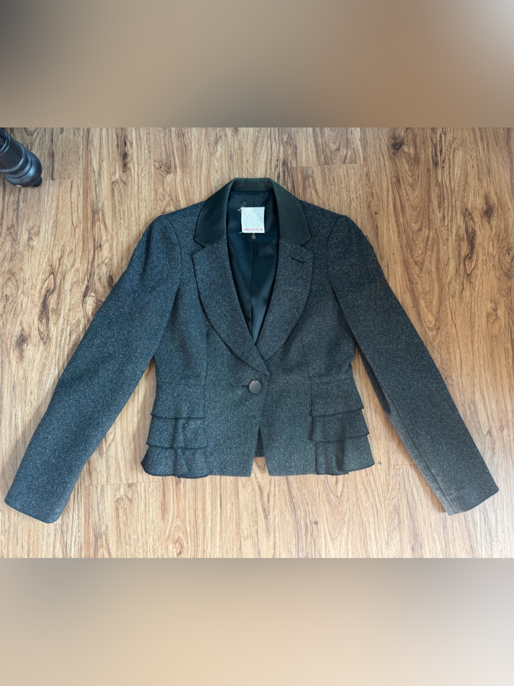 Rebecca Taylor Charcoal Tweed Peplum Blazer with faux leather Collar